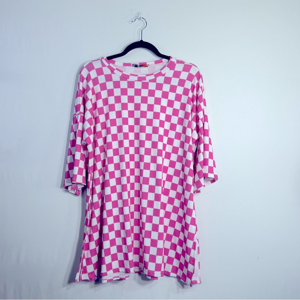 Freckled Poppy Neon Pink Checkered Pattern Ribbed Knit Short Sleeve Top Sz L